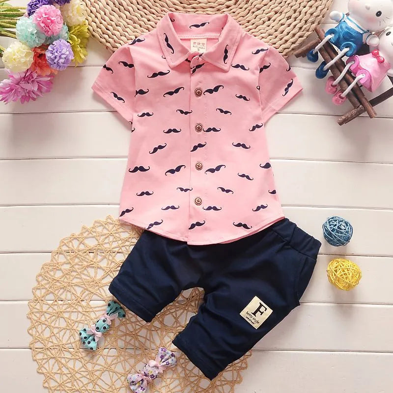 BABY BOY'S MUSTACHE SHORT SLEEVES SHIRT AND PANTS 2PCS SET