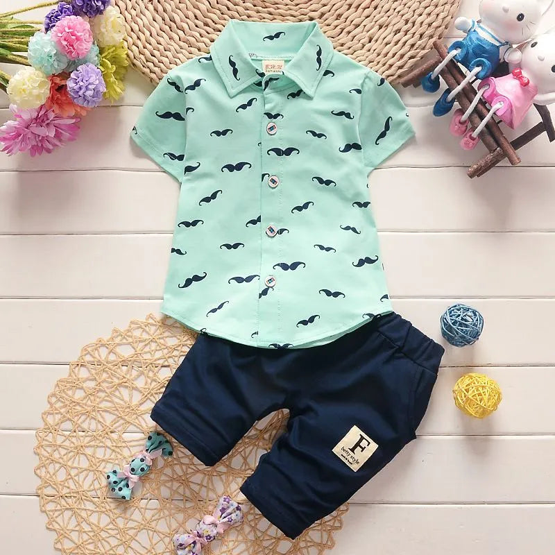 BABY BOY'S MUSTACHE SHORT SLEEVES SHIRT AND PANTS 2PCS SET