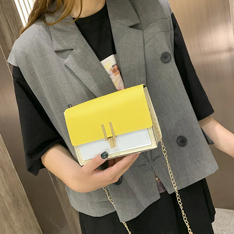 LADIES BLOCKING METAL CHAIN SQUARE CROSSBODY BAG