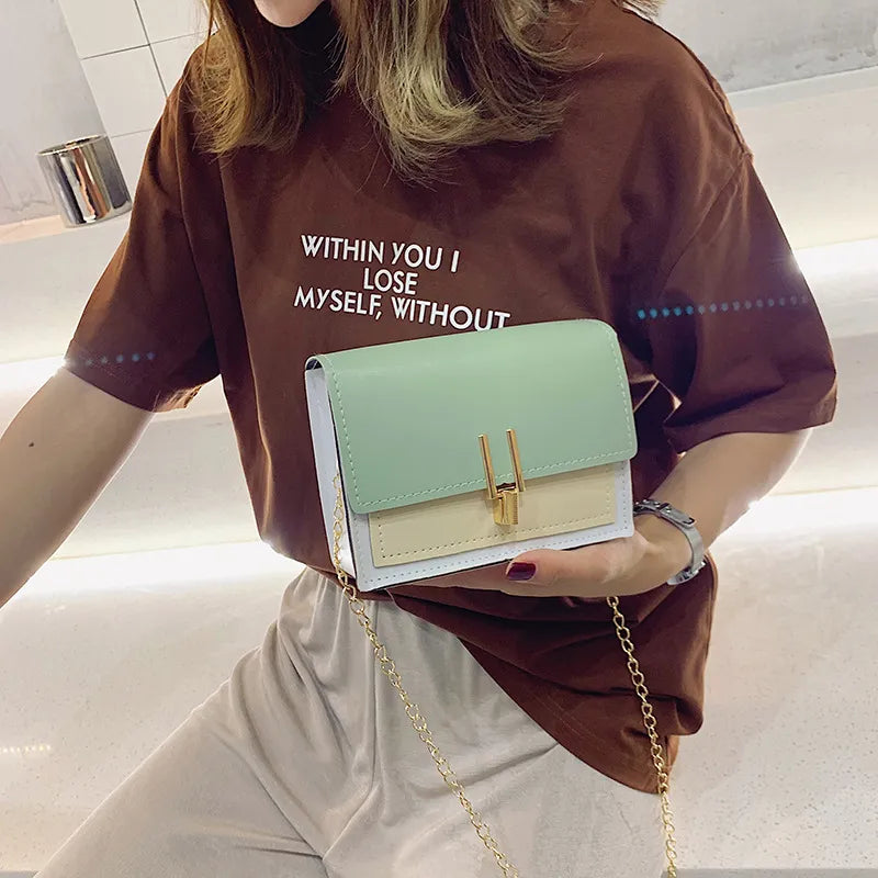 LADIES BLOCKING METAL CHAIN SQUARE CROSSBODY BAG