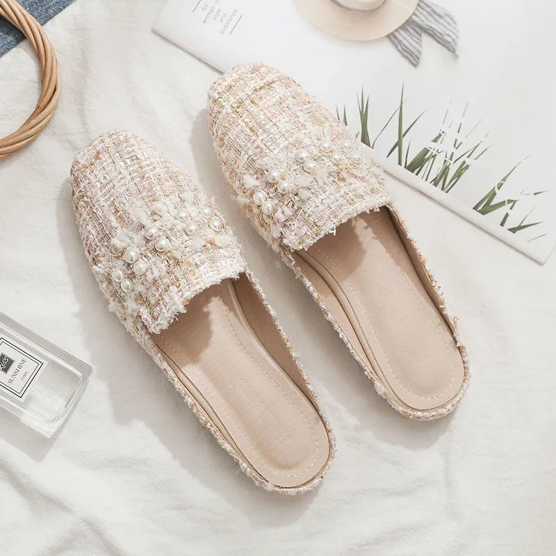 LADIES ELEGANT BOW PEARL FLAT SLIPPERS