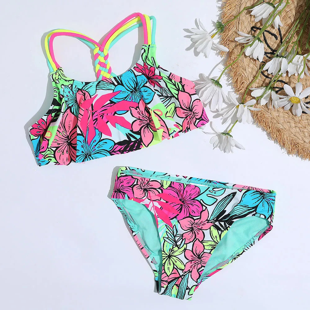 GIRL'S ALL OVER PRINT CROCHET STRAP TOP & BOTTOM BIKINI SET