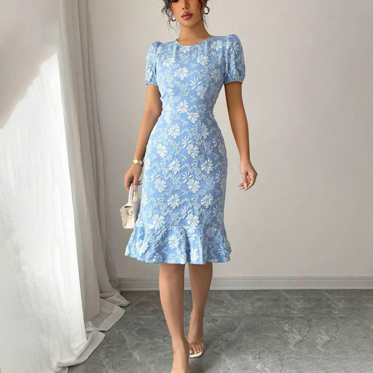 LADIES ELEGANT FLOWER JACQUARD PLEATED DRESS