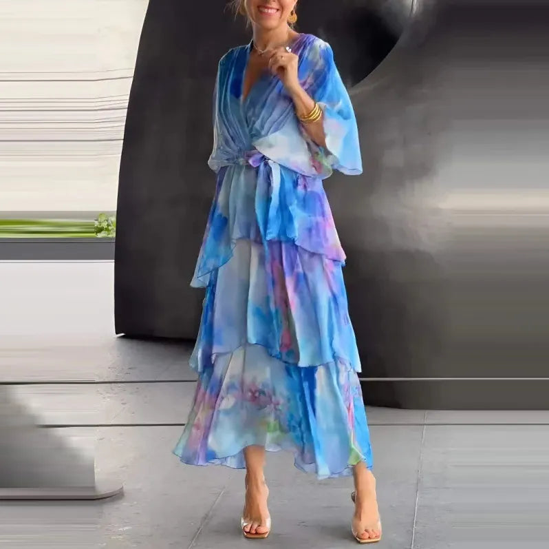 LADIES FASHION SEXY DEEP GRADIENT PRINT CHIFFON DRESS