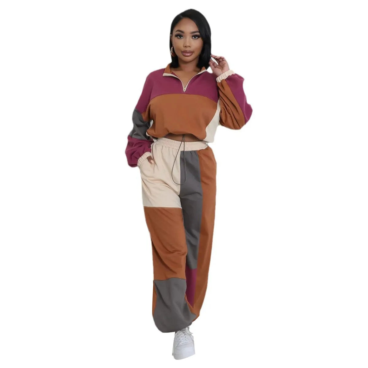 LADIES WIND PRINTED ZIPPER DRAWSTRING LOOSE WIDE-LEG PANTS 2PCS SET