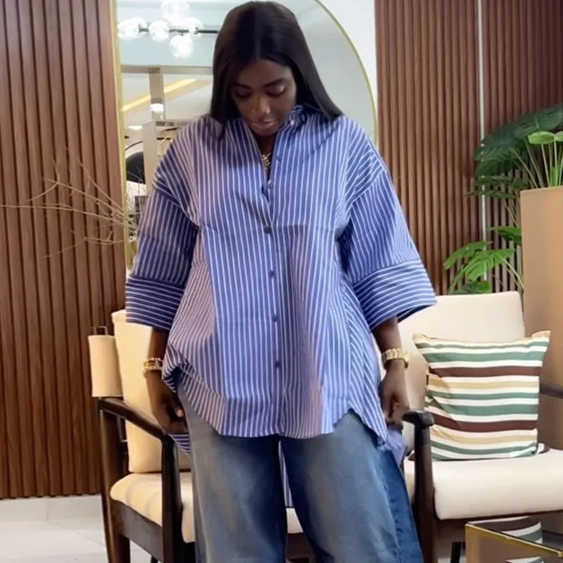 LADIES FASHION BLUE STRIPE LONG-SLEEVE LOOSE BLOUSE
