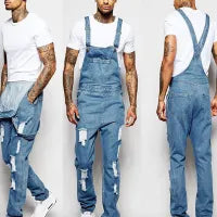 MEN'S RIPPED POCKET PATCHWORK DENIM JUMPSUITS