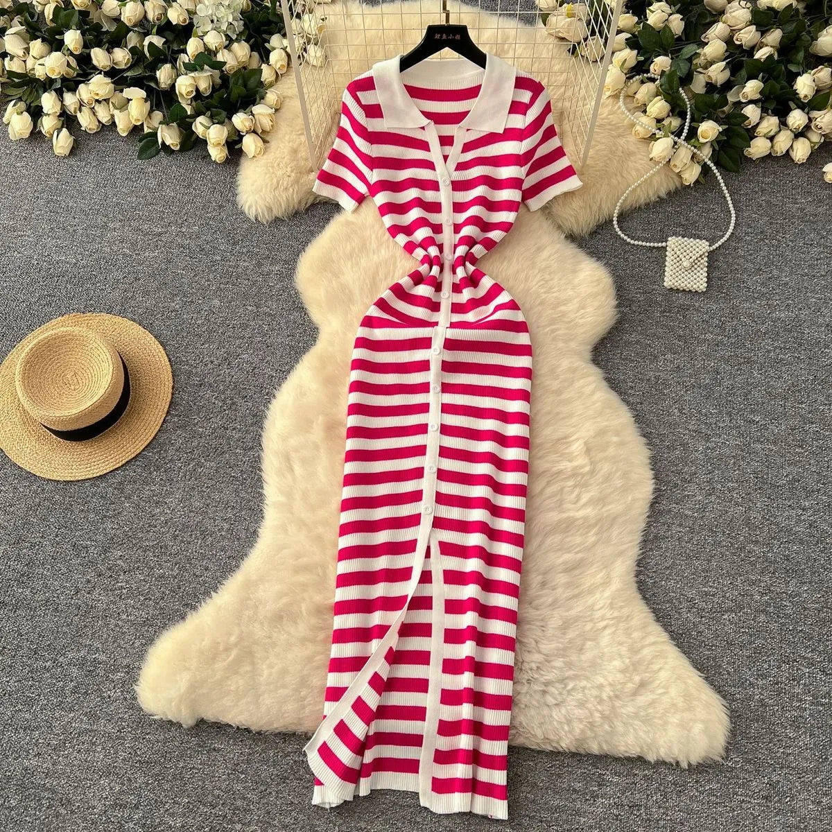 LADIES CONTRAST LAPEL BREASTED KNITTED DRESS