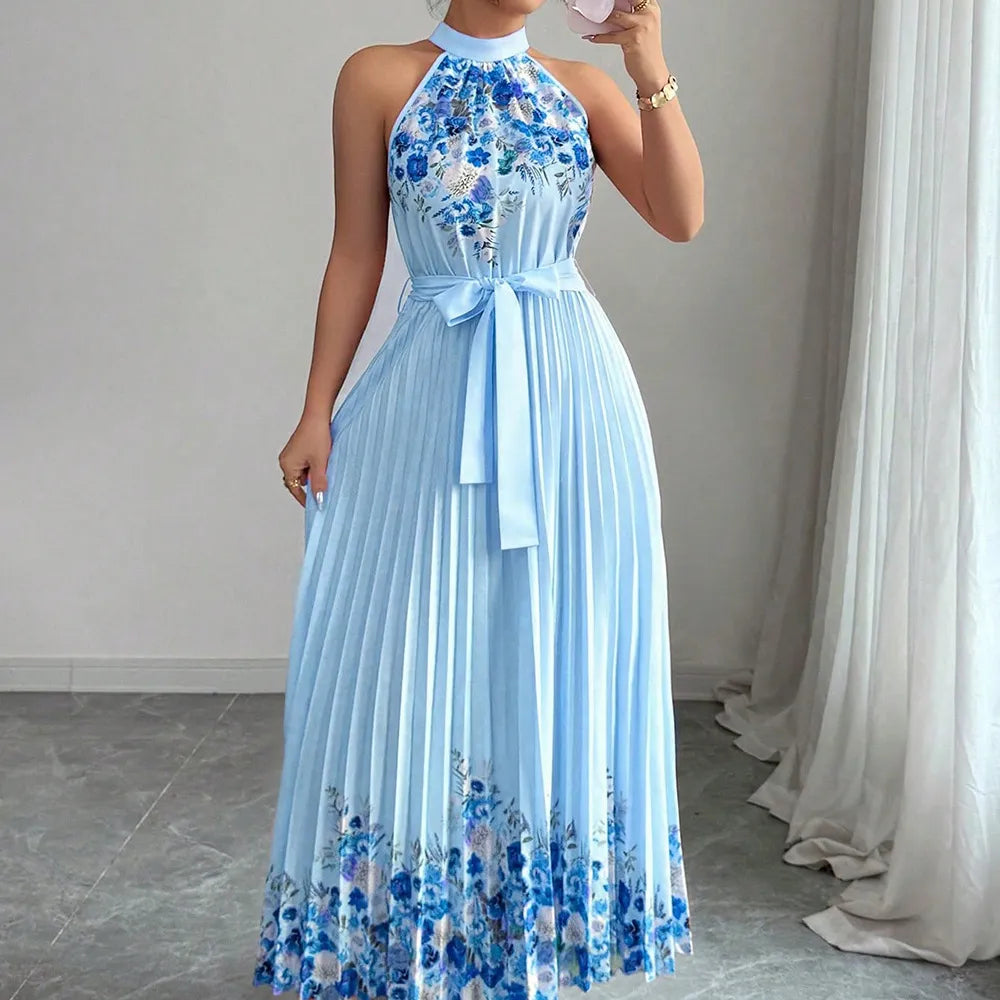 LADIES ELEGANT SUMMER HALTER LACE-UP SLEEVELESS PLEATED DRESS