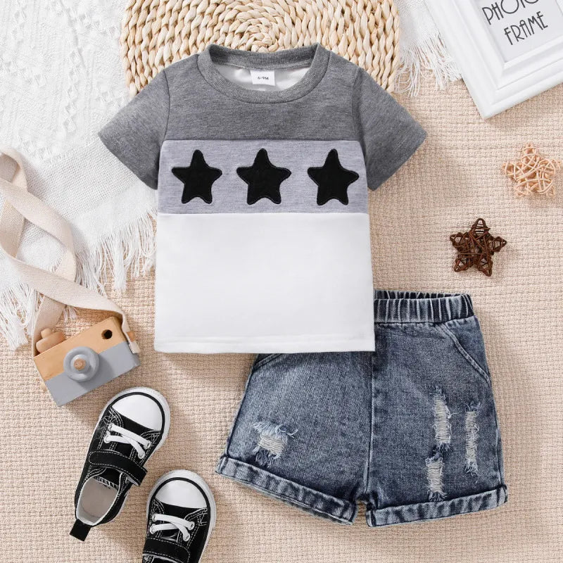 BOY'S SHORT SLEEVE T-SHIRT AND DENIM SHORT 2PCS SET