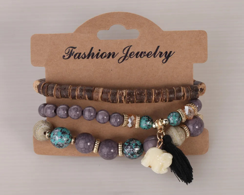 LADIES BOHO BEADED WOODEN BRACELET SET