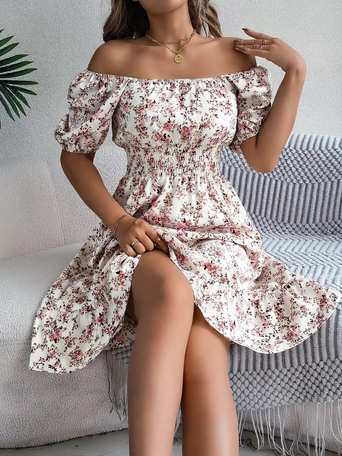 LADIES SEXY FLOWER SQUARE COLLAR WAIST DRESS