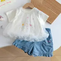 GIRLS SUMMER MESH SHORT-SLEEVE DENIM 2PCS SET
