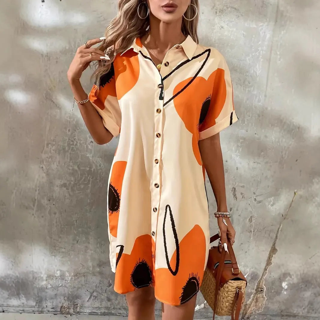 LADIES CASUAL LAPEL SHORT-SLEEVE LOOSE DRESS