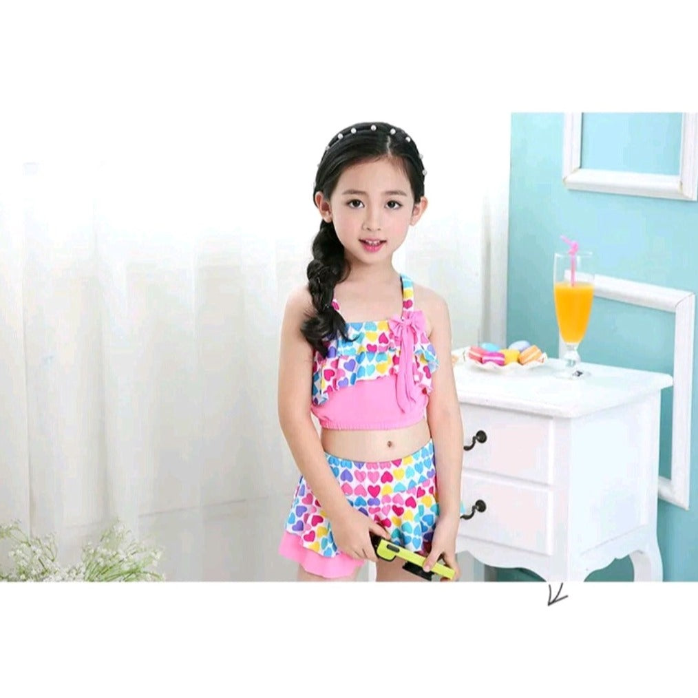 GIRL'S OVER ALL PRINT SWIMSUIT 2 PCS SET WITH CAP