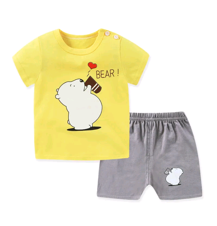 KIDS CUTE CARTOON ROUND NECK SHORT SLEEVE T-SHIRT AND SHORTS SET