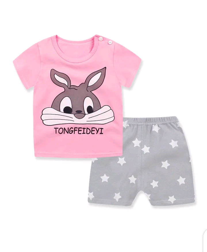 KIDS CUTE CARTOON ROUND NECK SHORT SLEEVE T-SHIRT AND SHORTS SET