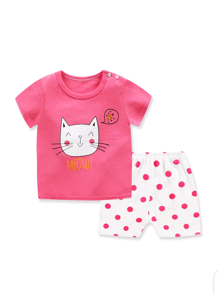 KIDS CUTE CARTOON ROUND NECK SHORT SLEEVE T-SHIRT AND SHORTS SET