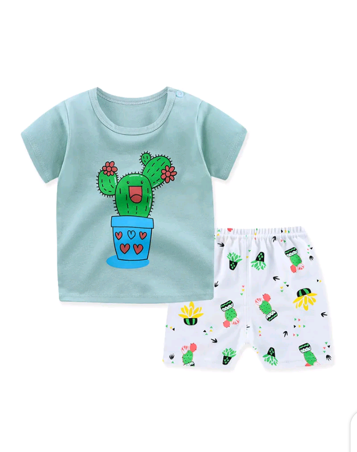 KIDS CUTE CARTOON ROUND NECK SHORT SLEEVE T-SHIRT AND SHORTS SET