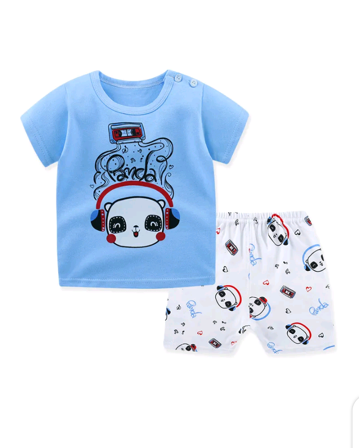 KIDS CUTE CARTOON ROUND NECK SHORT SLEEVE T-SHIRT AND SHORTS SET