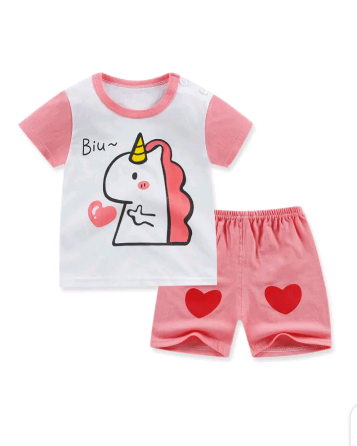 KIDS CUTE CARTOON ROUND NECK SHORT SLEEVE T-SHIRT AND SHORTS SET
