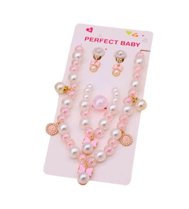 GIRL'S HEART PEARL NECKLACE BRACELET EARRINGS SET