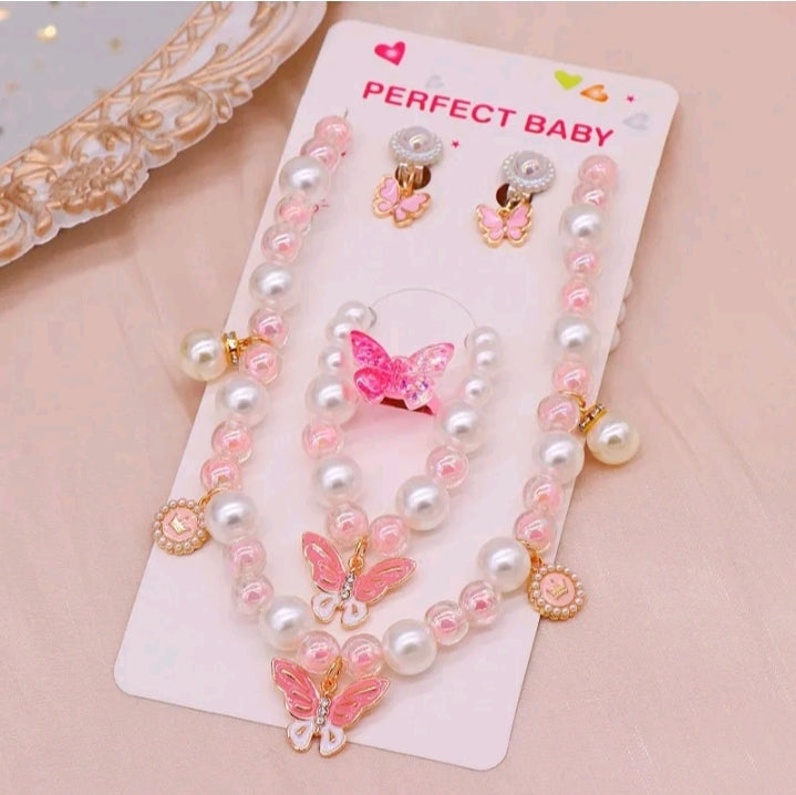 GIRL'S HEART PEARL NECKLACE BRACELET EARRINGS SET