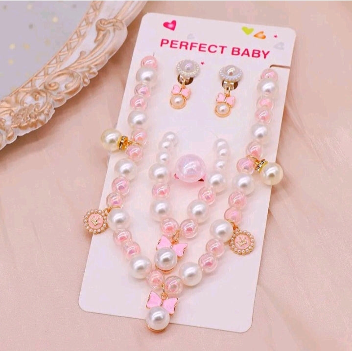 GIRL'S HEART PEARL NECKLACE BRACELET EARRINGS SET