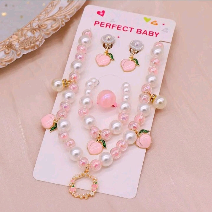 GIRL'S HEART PEARL NECKLACE BRACELET EARRINGS SET