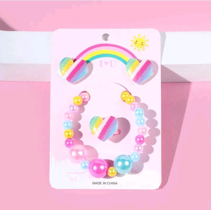 GIRL'S RAINBOW HEART BEADED BRACELET ERRINGS SET