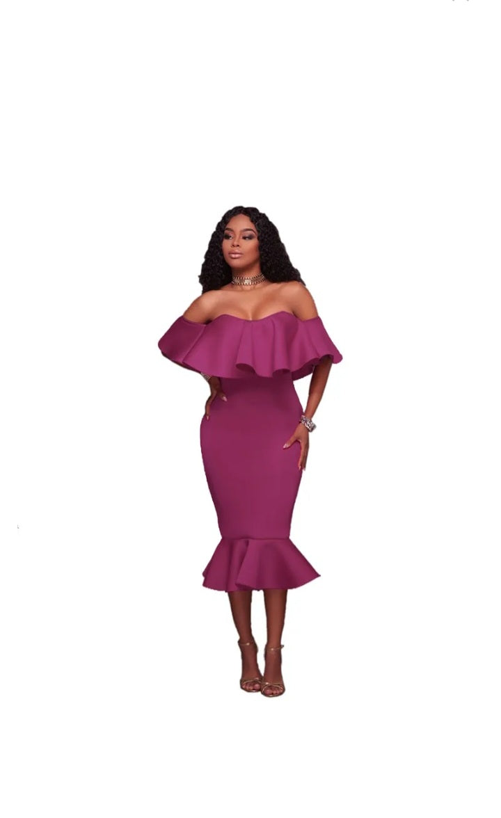 LADIES OFF-SHOULDER RUFFLED BODYCON DRESS