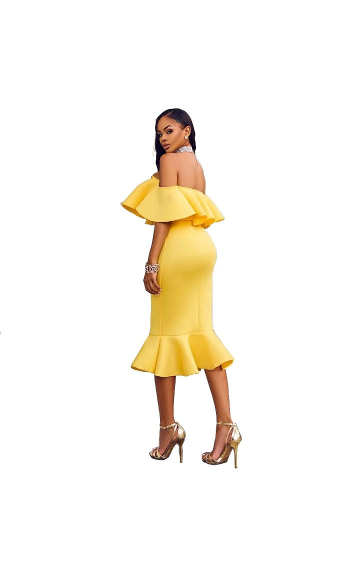 LADIES OFF-SHOULDER RUFFLED BODYCON DRESS