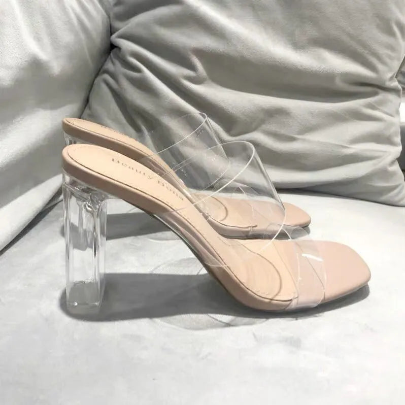 LADIES TRANSPARENT CHUNKY HEEL SLIPPERS