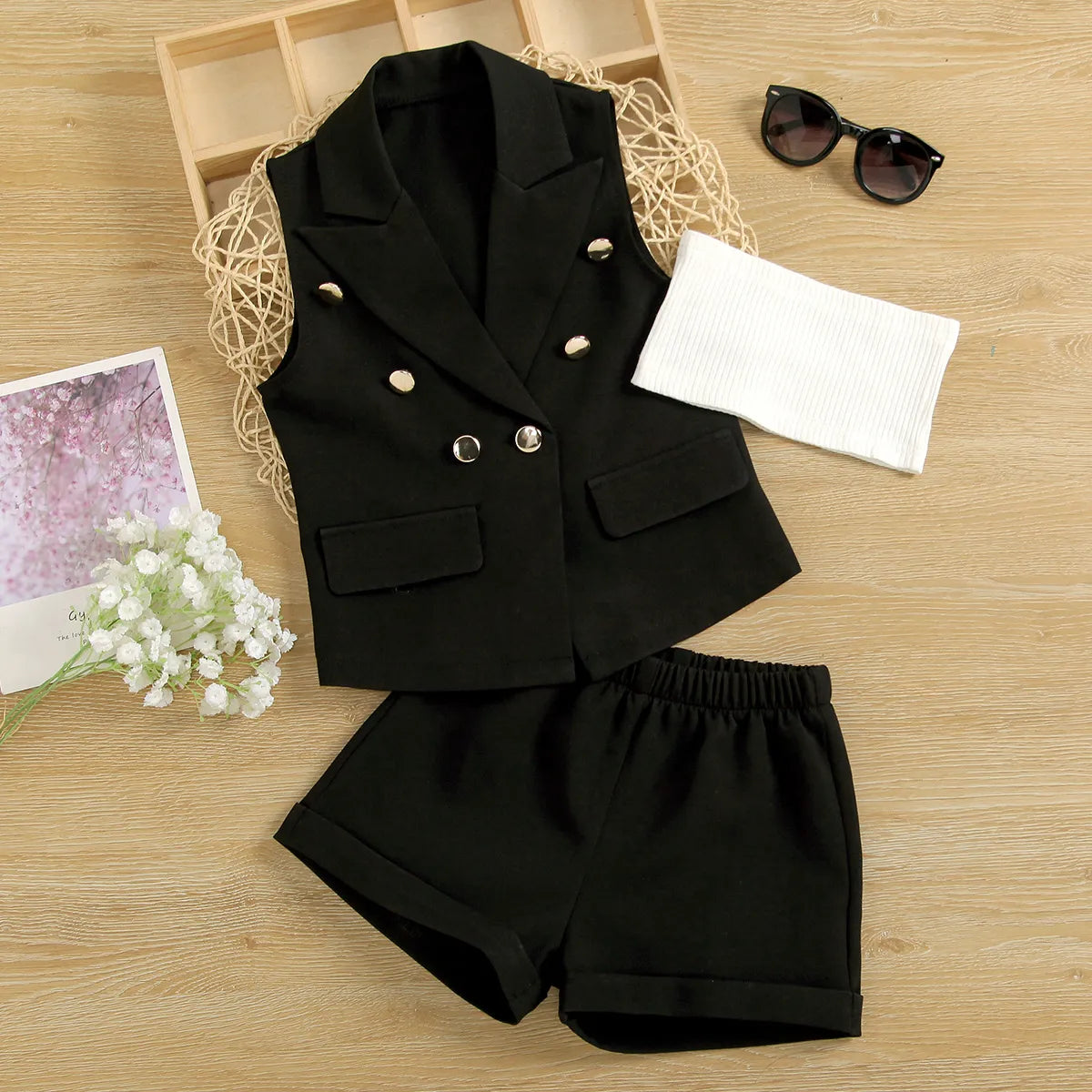 GIRL'S SLEEVELESS BUTTON-UP TOP AND SHORTS 3PCS SET