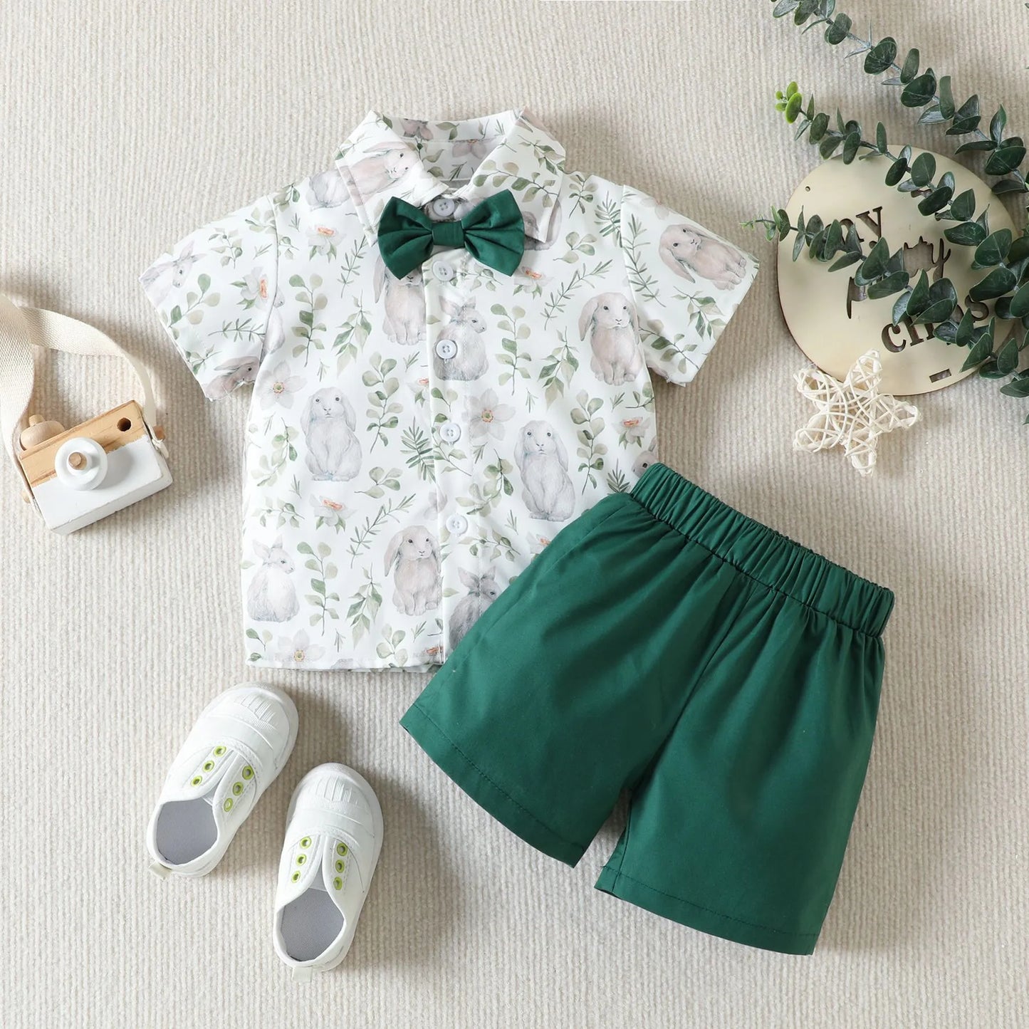 BABY BOY'S BRITISH SYLE SHORT SLEEVE SHIRT AND SHORTS 2PCS SET