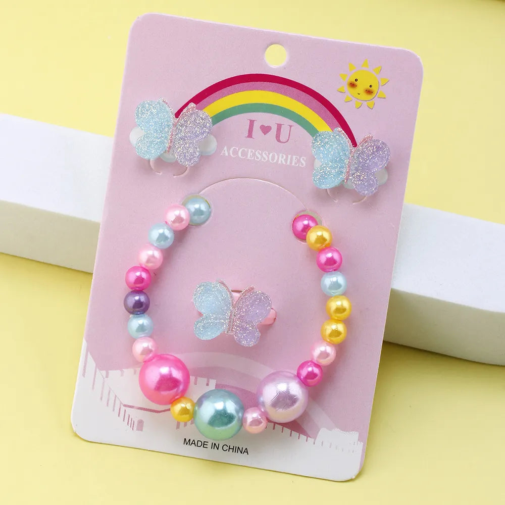 GIRL'S BUTTERFLY MULTICOLOR BEADED BRACELET EARRINGS RING SET
