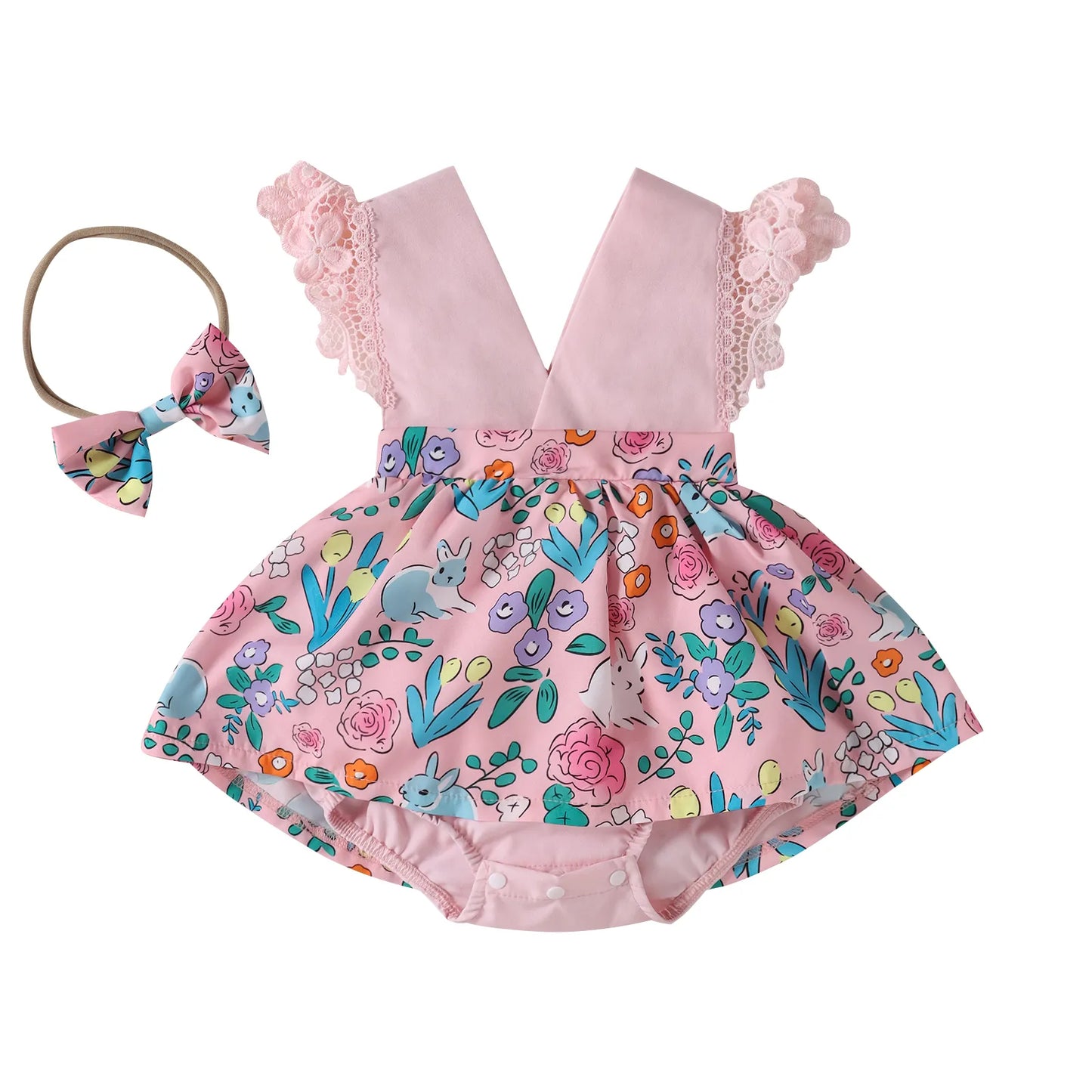 BABY GIRL'S CARTOON V-NECK ROMPER WITH HEADBAND