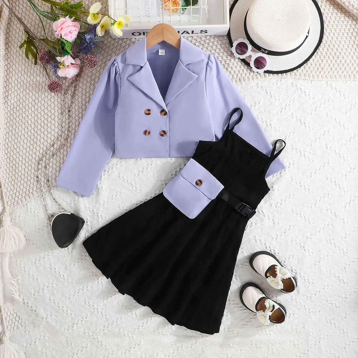 GIRL'S LONG SLEEVE LAPEL COAT CAMI DRESS SET