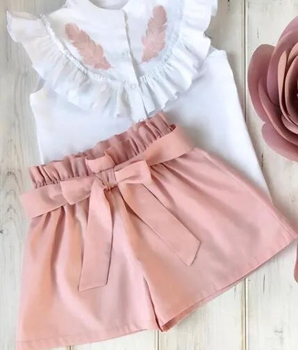 GIRL'S RUFFLE NECK SLEEVELESS TOP AND SHORTS 2PCS SET
