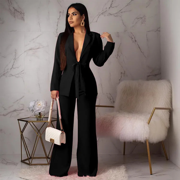 LADIES V LACE-UP LONG SLEEVE BLAZER JACKET WIDE LEG PANTS 2PCS SET