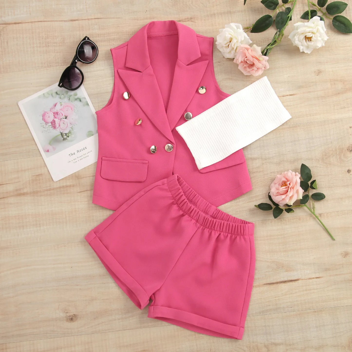 GIRL'S SLEEVELESS BUTTON-UP TOP AND SHORTS 3PCS SET