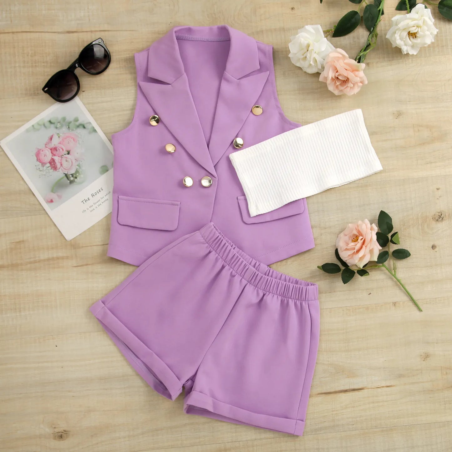 GIRL'S SLEEVELESS BUTTON-UP TOP AND SHORTS 3PCS SET