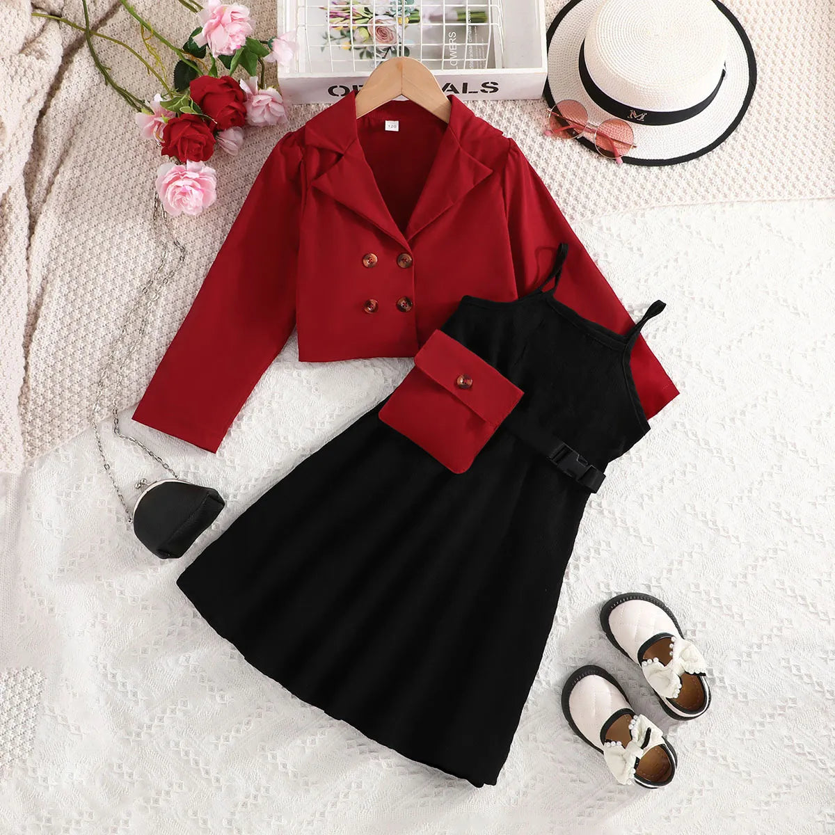 GIRL'S LONG SLEEVE LAPEL COAT CAMI DRESS SET