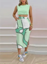 LADIES SLEEVELESS CROP TOP AND STRIPE SLIT SKIRT SET