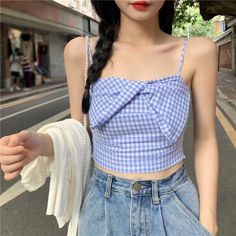 LADIES PLAID PRINT BOW SLING TOP