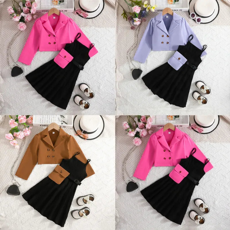 GIRL'S LONG SLEEVE LAPEL COAT CAMI DRESS SET
