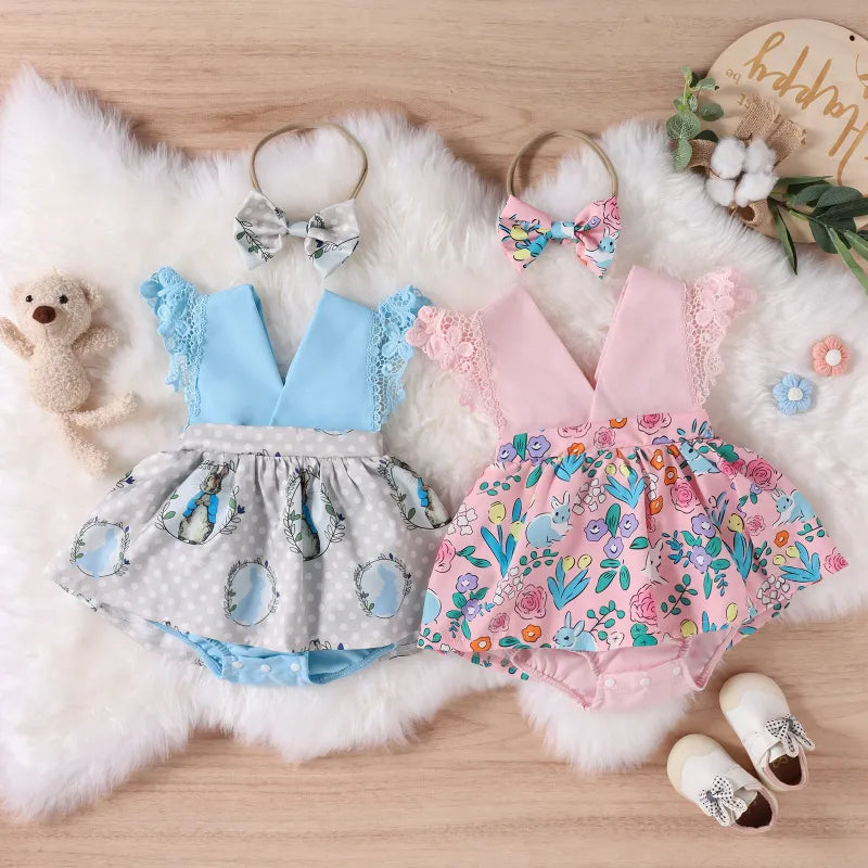 BABY GIRL'S CARTOON V-NECK ROMPER WITH HEADBAND