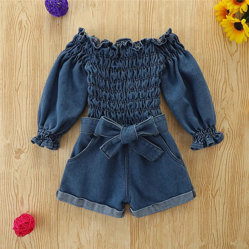 GIRL'S OFF- SHOULDER DENIM JEANS ROMPERS DRESS