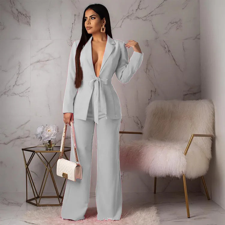 LADIES V LACE-UP LONG SLEEVE BLAZER JACKET WIDE LEG PANTS 2PCS SET
