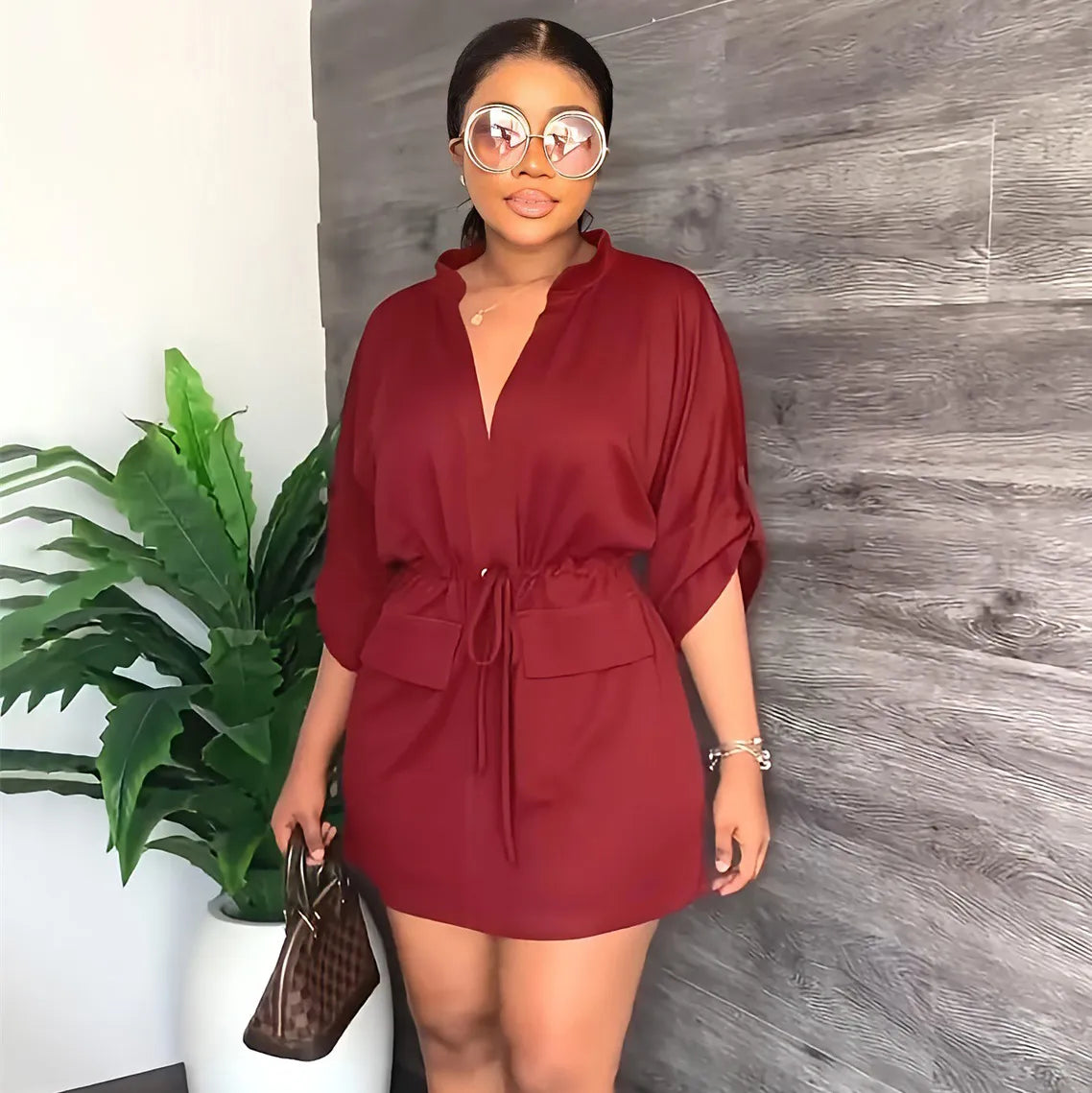 LADIES V-NECK SHORT SLEEVE DRESS